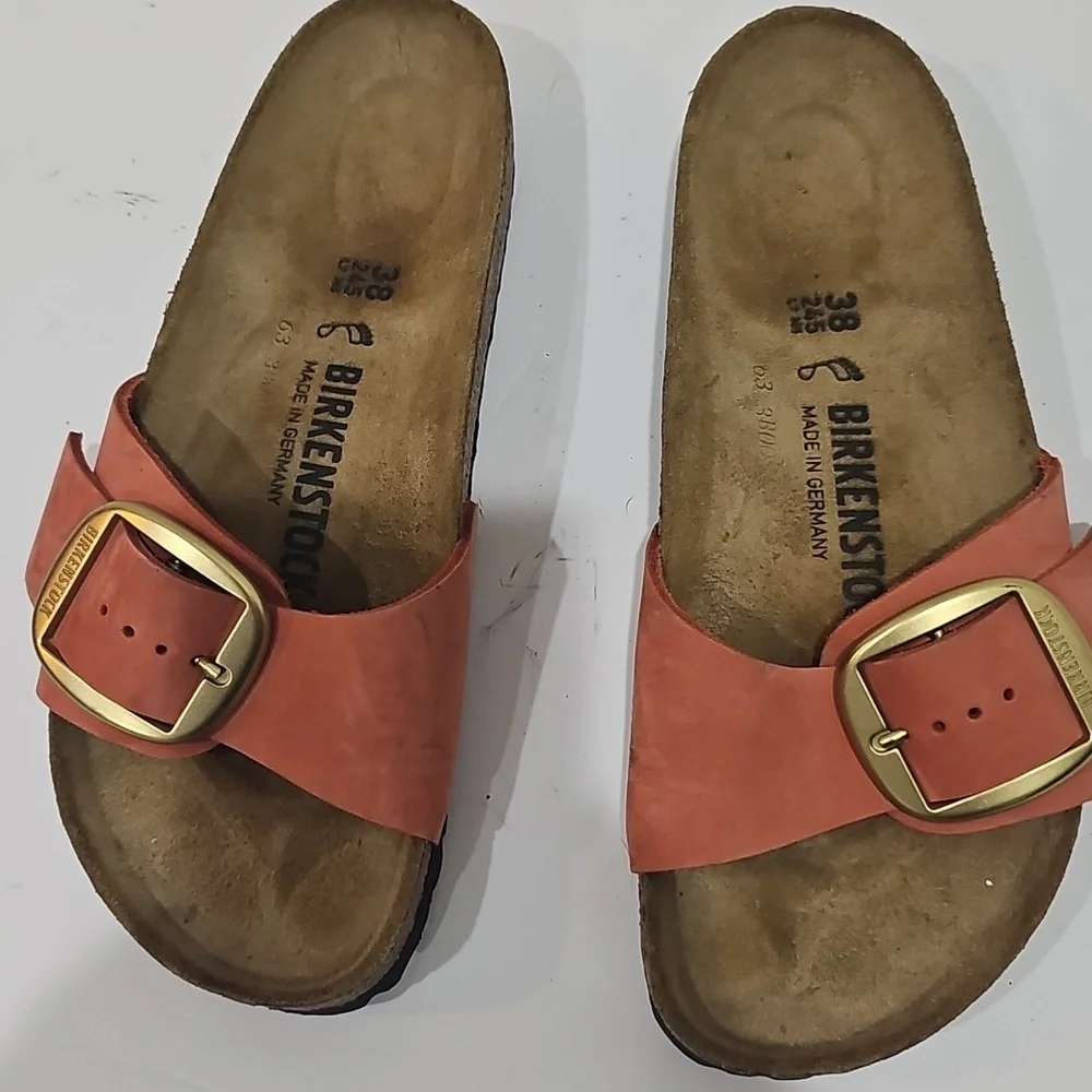 Rare Birkenstock Madrid Big Buckle “Mars Red” nubuck leather gold size 38 narrow